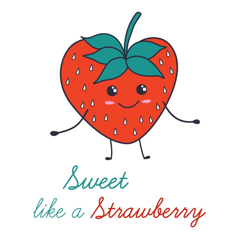 doux comme une fraise - illustration de fraise dessinée à la main avec lettrage. carte de Saint Valentin de vecteur de style doodle.