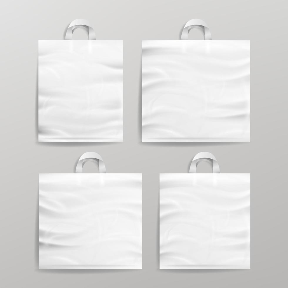 sacs réalistes de shopping en plastique réutilisables vides blancs avec poignées. gros plan maquette. illustration vectorielle vecteur
