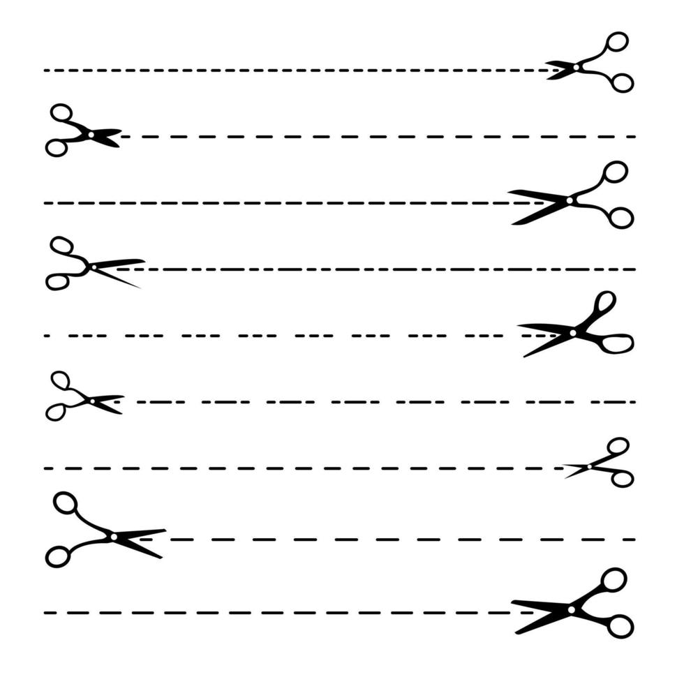 vecteur de ligne de ciseaux. définir des lignes de coupe en pointillés. silhouettes de bord noir. bordure coupée. modèle de découpe. isolé sur une illustration plate blanche