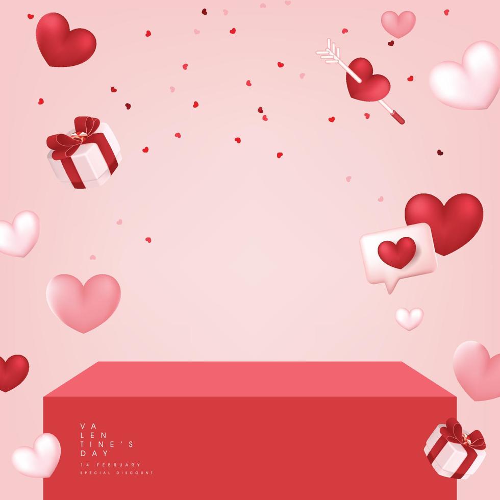 affiche de vente de la saint-valentin ou fond de bannière avec affichage de produit de table rouge vecteur