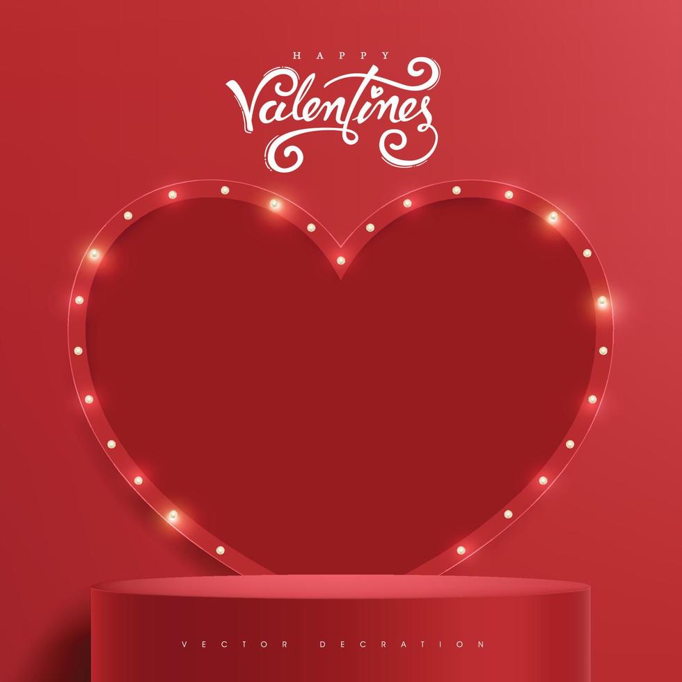 fond de bannière de vente de la saint-valentin avec affichage de produit rouge et fond de signe de forme de coeur d'ampoules rétro vecteur