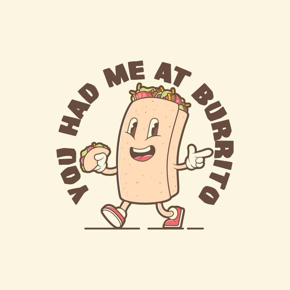 personnage de burrito cool marchant avec un taco dans l'illustration vectorielle de ses mains. nourriture, nourriture de rue, concept de design de marque. vecteur