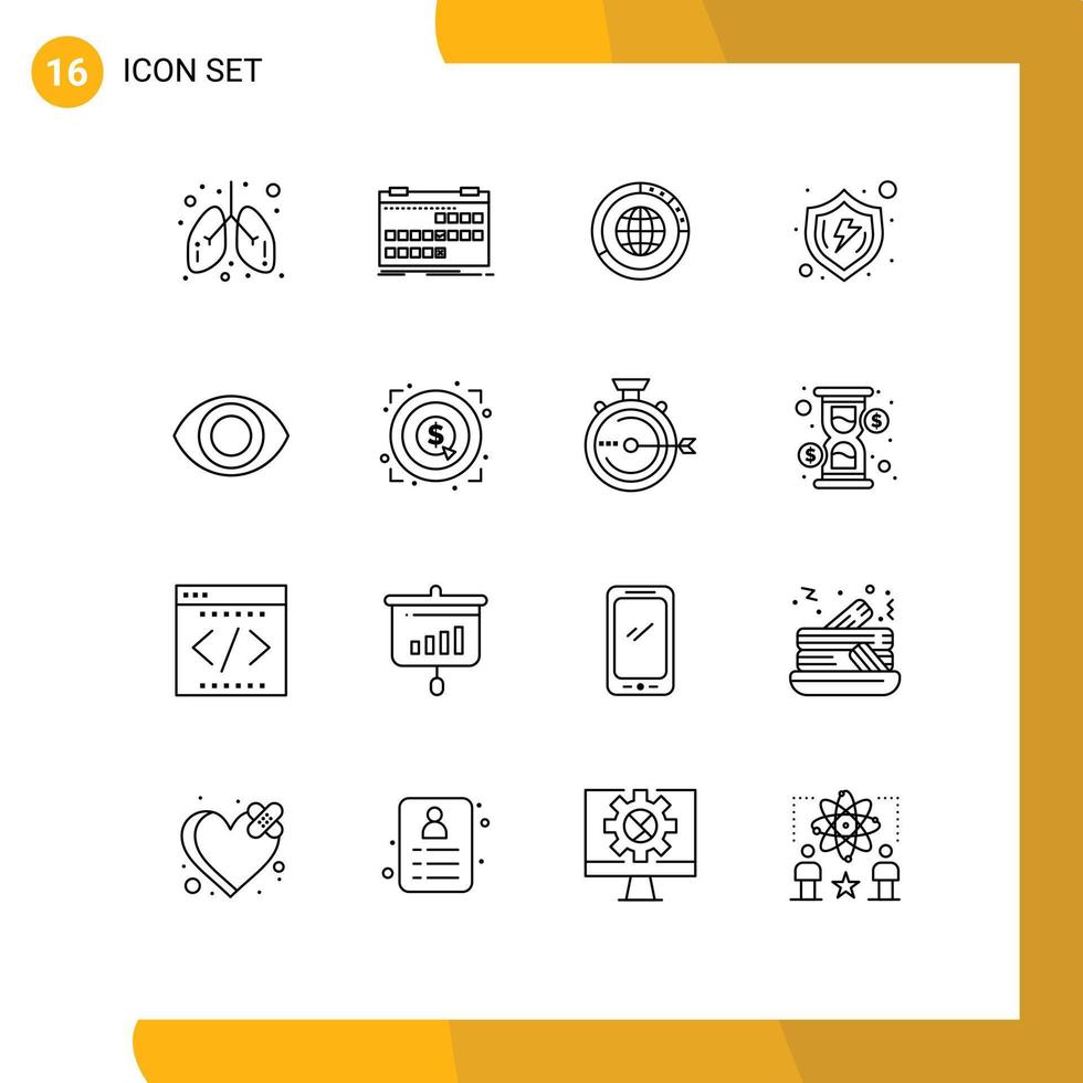 ensemble moderne de 16 contours pictogramme d'éléments de conception vectoriels modifiables globe de statistiques de calendrier mondial sûr vecteur