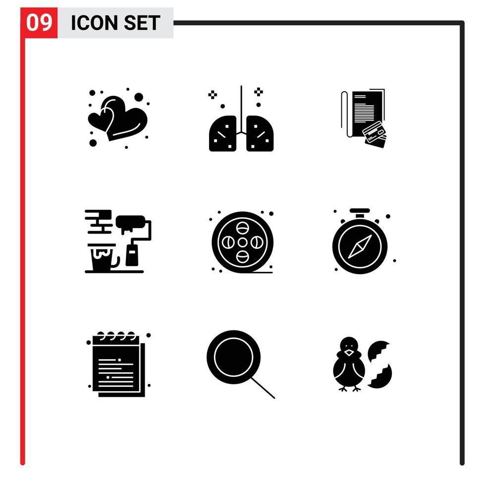groupe de 9 signes et symboles de glyphes solides pour de vrais éléments de conception vectoriels modifiables de crédit de rouleau de médecine de peinture vecteur