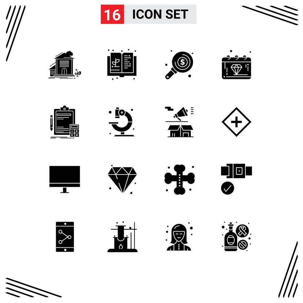 pack de 16 glyphes solides créatifs d'éléments de conception vectorielle modifiables de recherche bancaire de croissance de gemme vecteur