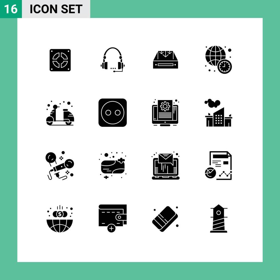 pictogramme ensemble de 16 glyphes solides simples d'horloge livraison casque conteneur courrier éléments de conception vectoriels modifiables vecteur