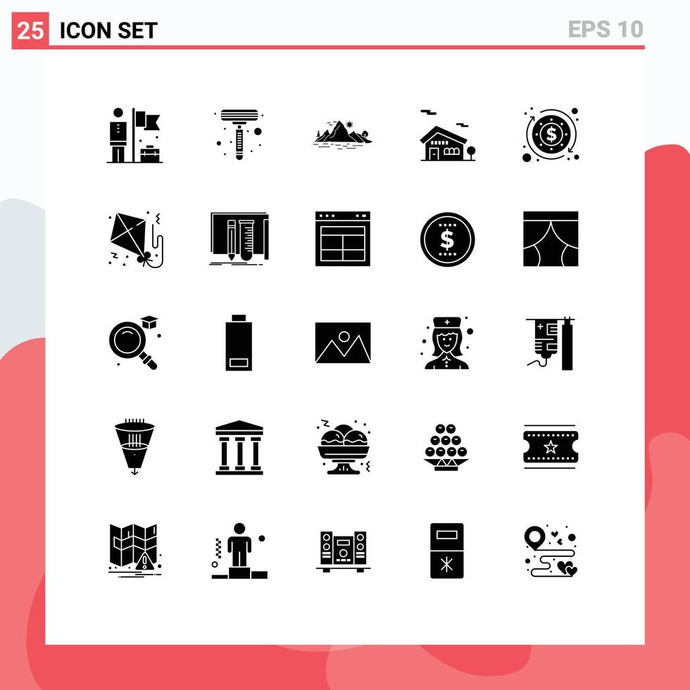 interface mobile glyphe solide ensemble de 25 pictogrammes d'éléments de conception vectoriels modifiables de bâtiment de maison de colline de budget de processus vecteur