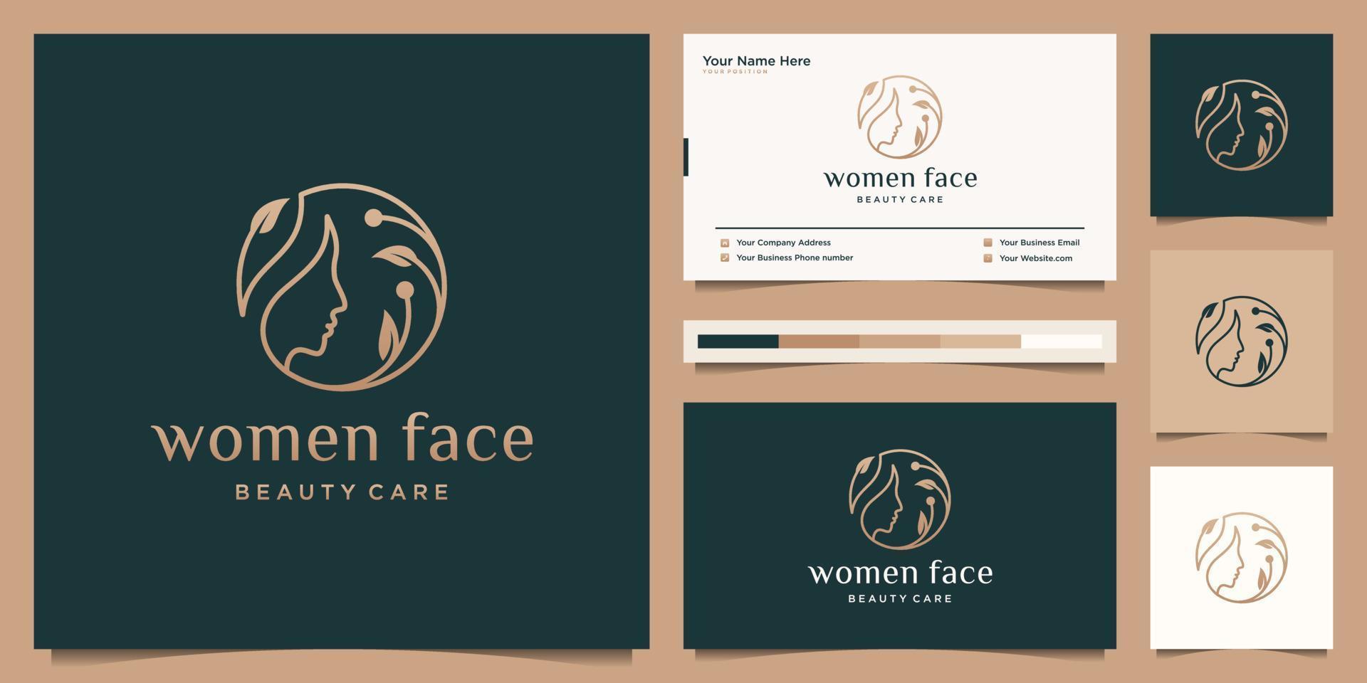 les femmes de beauté font face à la conception de logo de feuille naturelle et à la carte de visite. vecteur