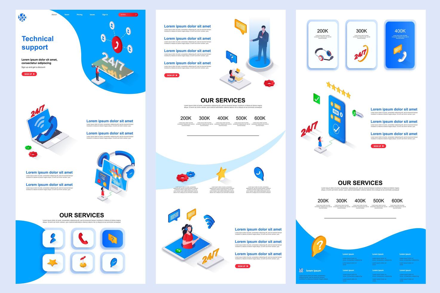 page de destination isométrique du support technique. vecteur