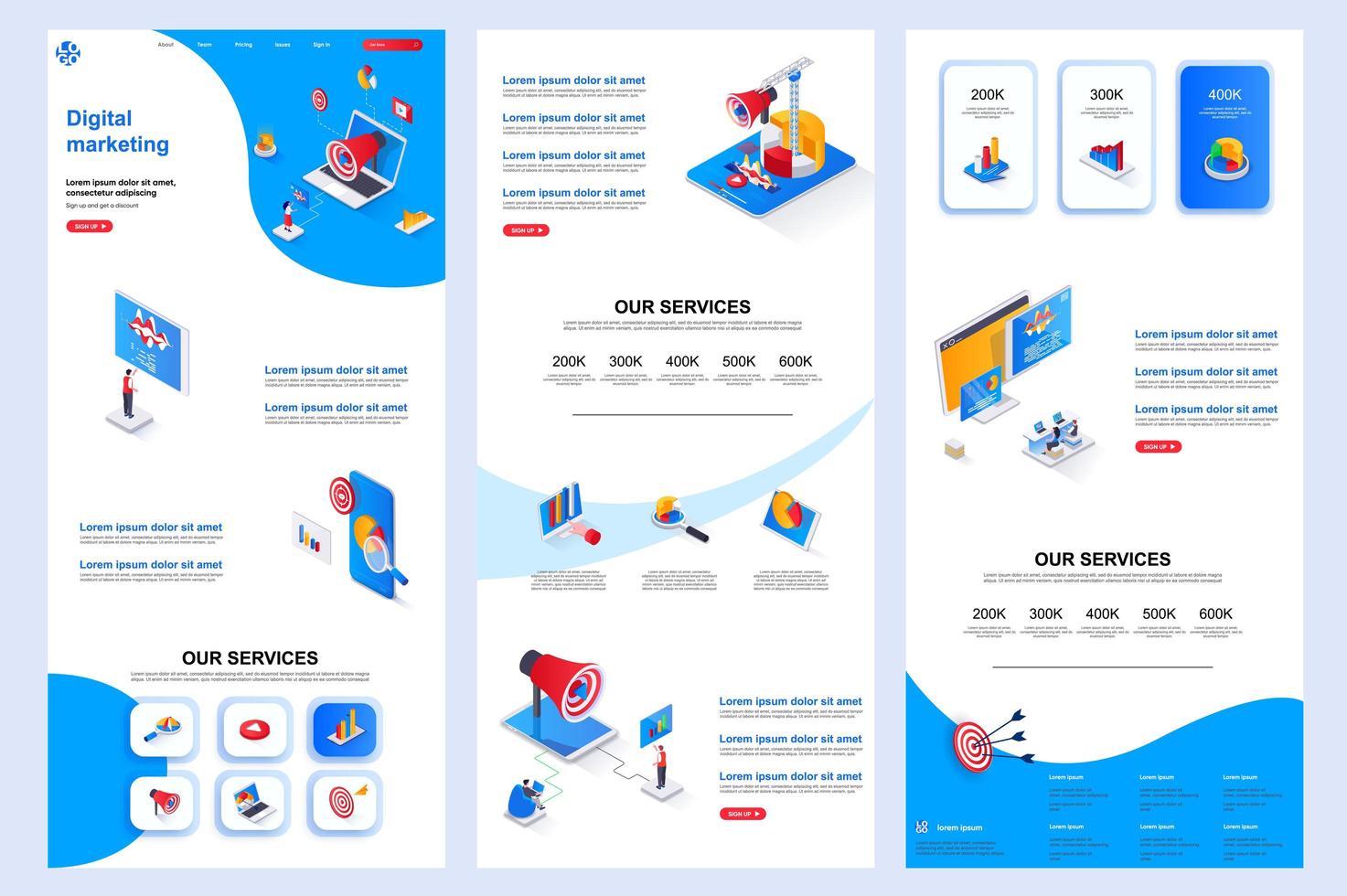 page de destination isométrique de marketing numérique. vecteur