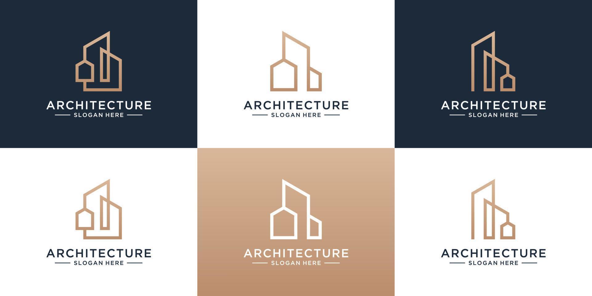 ensemble de modèle de logo d'architecture de bâtiment. immobilier minimaliste avec une collection unique de logos de style art en ligne. vecteur