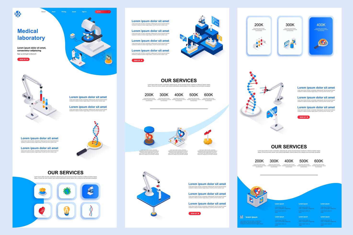 page de destination isométrique de laboratoire médical. vecteur