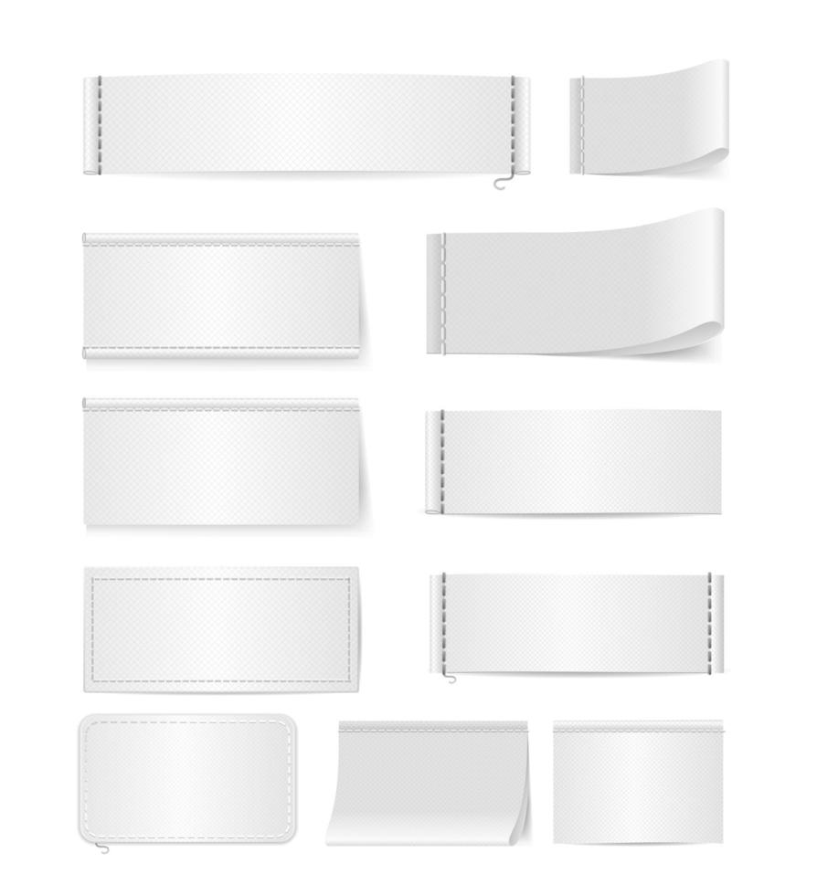 ensemble de modèles d'étiquettes textiles blanches 3d détaillées réalistes. vecteur