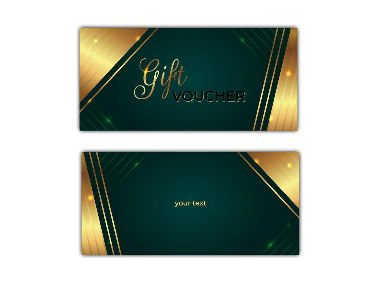 modèle de bon cadeau. couverture de certificat vert de luxe avec des éléments de décor dorés brillants. illustration vectorielle de coupon-cadeau avec fond riche abstrait. côtés avant et arrière vecteur