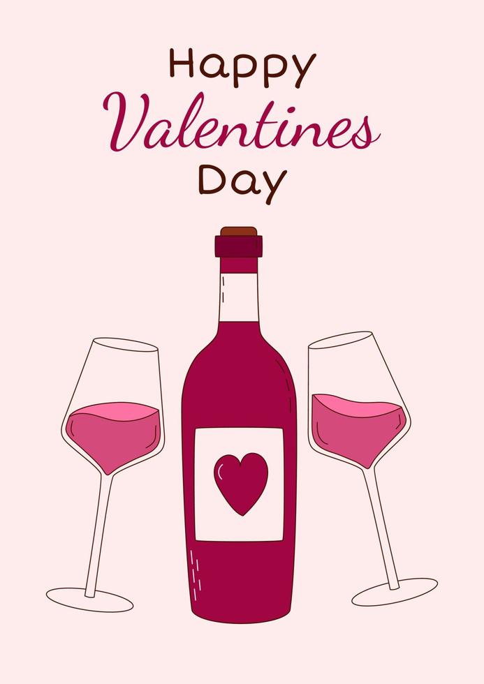 carte de voeux saint valentin avec une bouteille de vin et des verres. illustration vectorielle vecteur