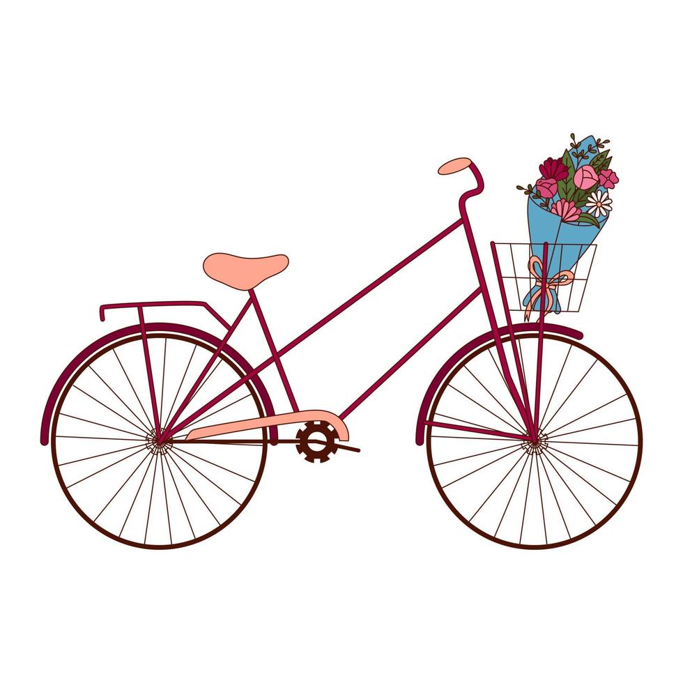 vélo dessiné à la main et un bouquet de fleurs pour la saint valentin. éléments de conception pour affiches, cartes de voeux, bannières et invitations. vecteur