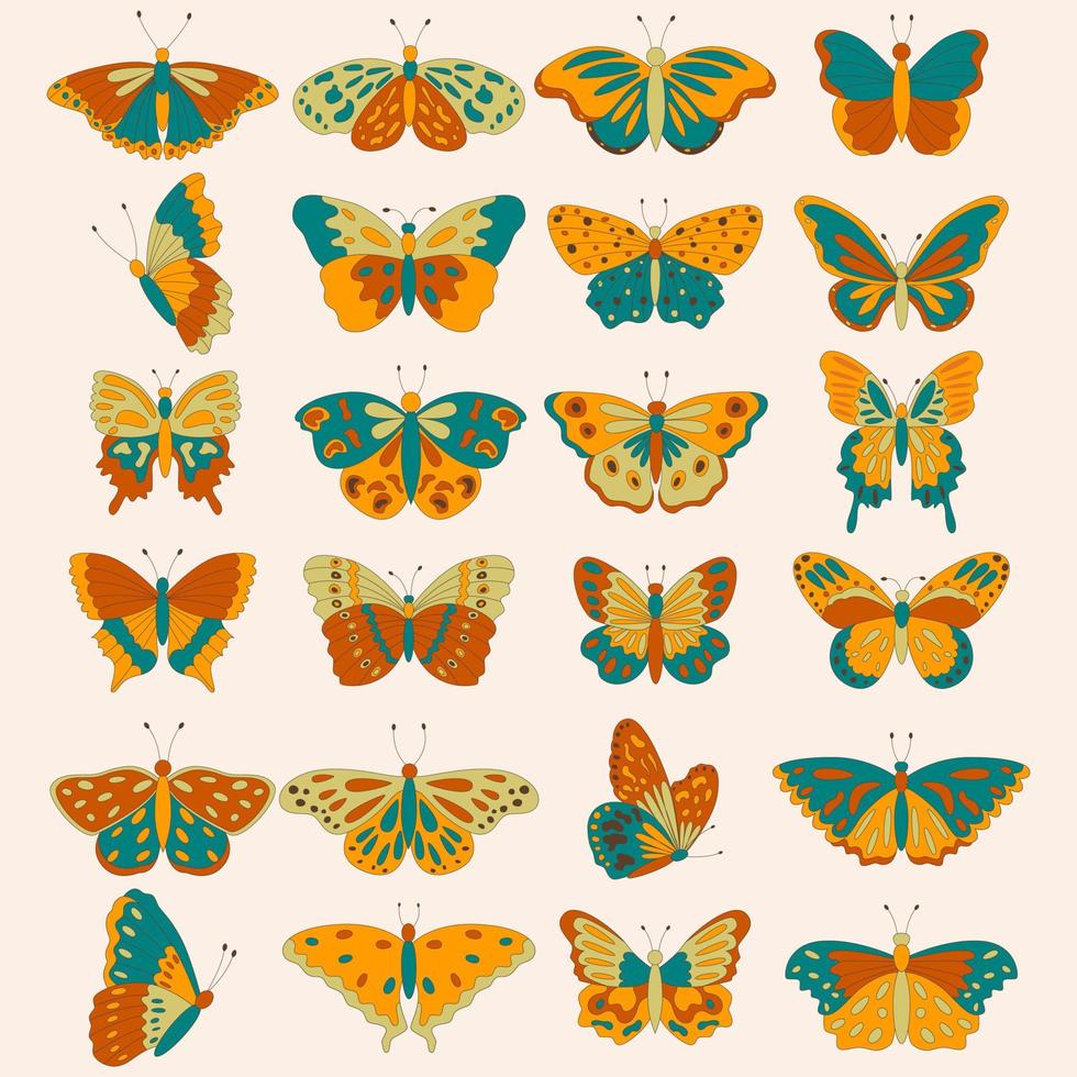 ensemble de papillons groovy hippie rétro des années 60 et 70 pour cartes, autocollants ou conception d'affiches. illustration vectorielle plane vecteur