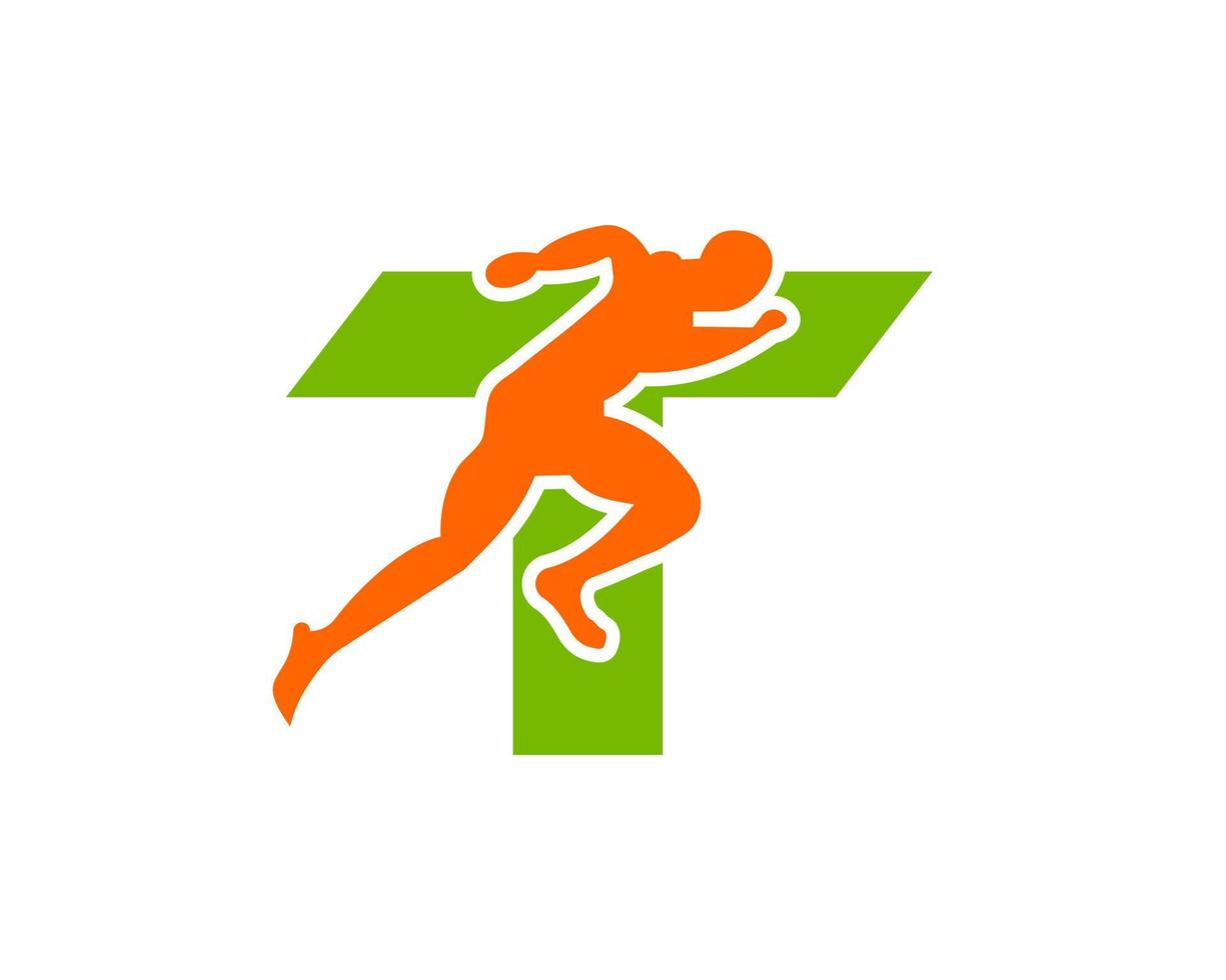 logo de la lettre t de l'homme en cours d'exécution de sport. modèle de logo running man pour logo marathon vecteur