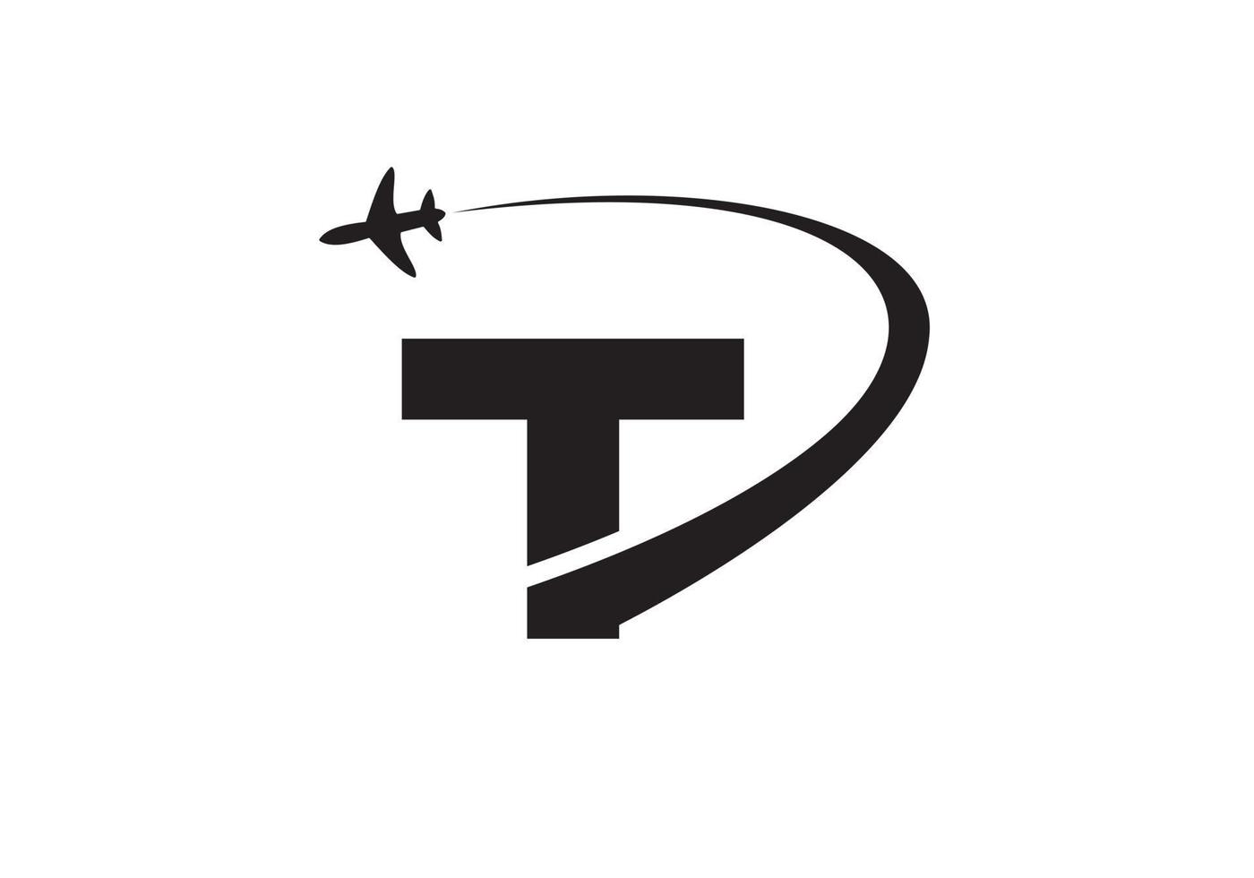 concept de conception de logo de voyage lettre t avec symbole d'avion volant vecteur