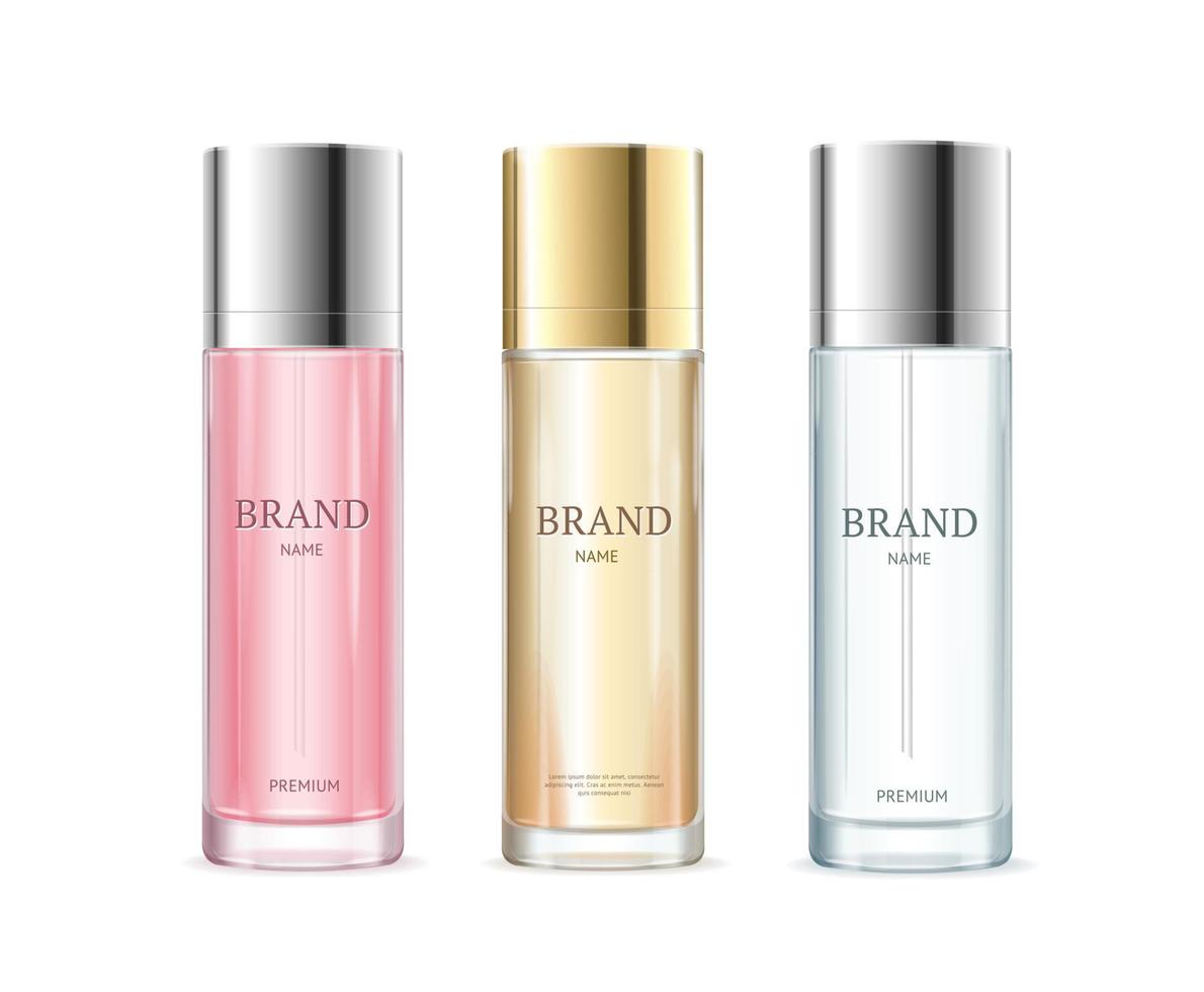 ensemble de bouteilles de parfum cosmétique différentes couleurs 3d réalistes et détaillées. vecteur