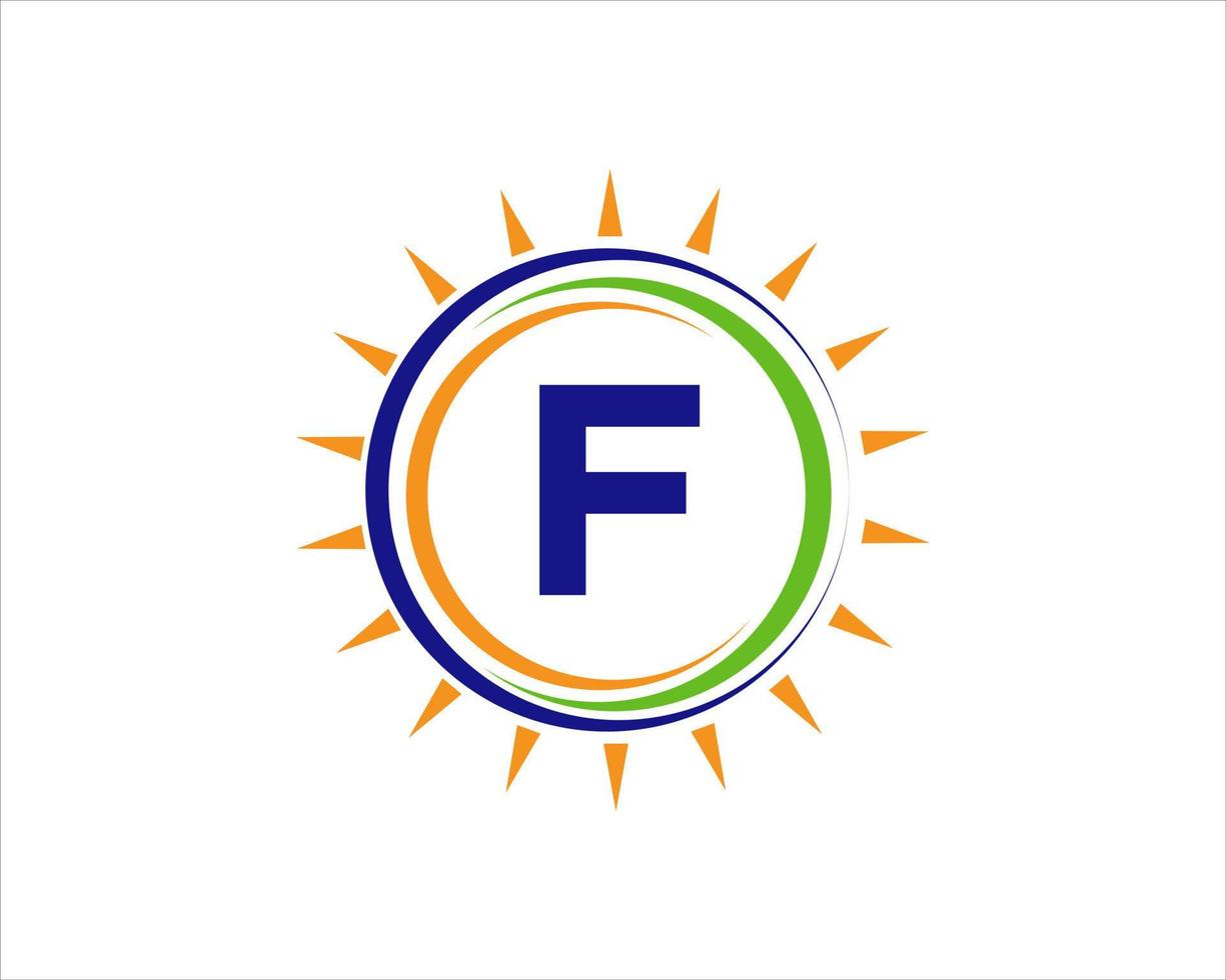 lettre f soleil logo. modèle de logo de l'industrie de l'agriculture électrique de ferme de panneaux solaires vecteur