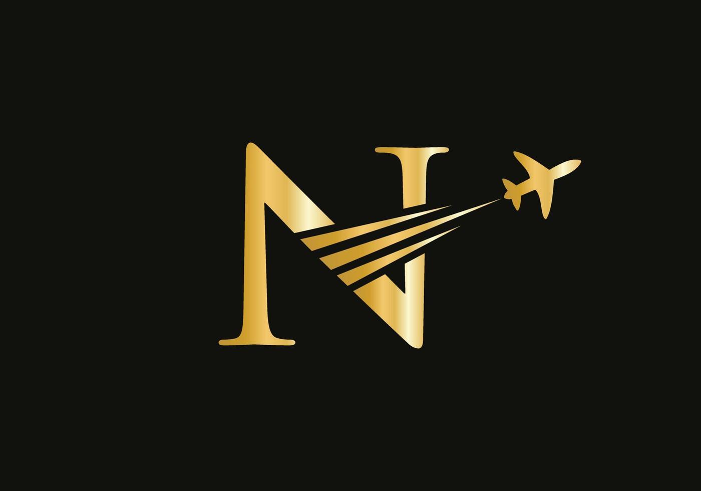 concept de conception de logo de voyage lettre n avec symbole d'avion volant vecteur