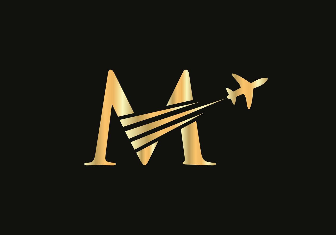 concept de conception de logo de voyage lettre m avec symbole d'avion volant vecteur