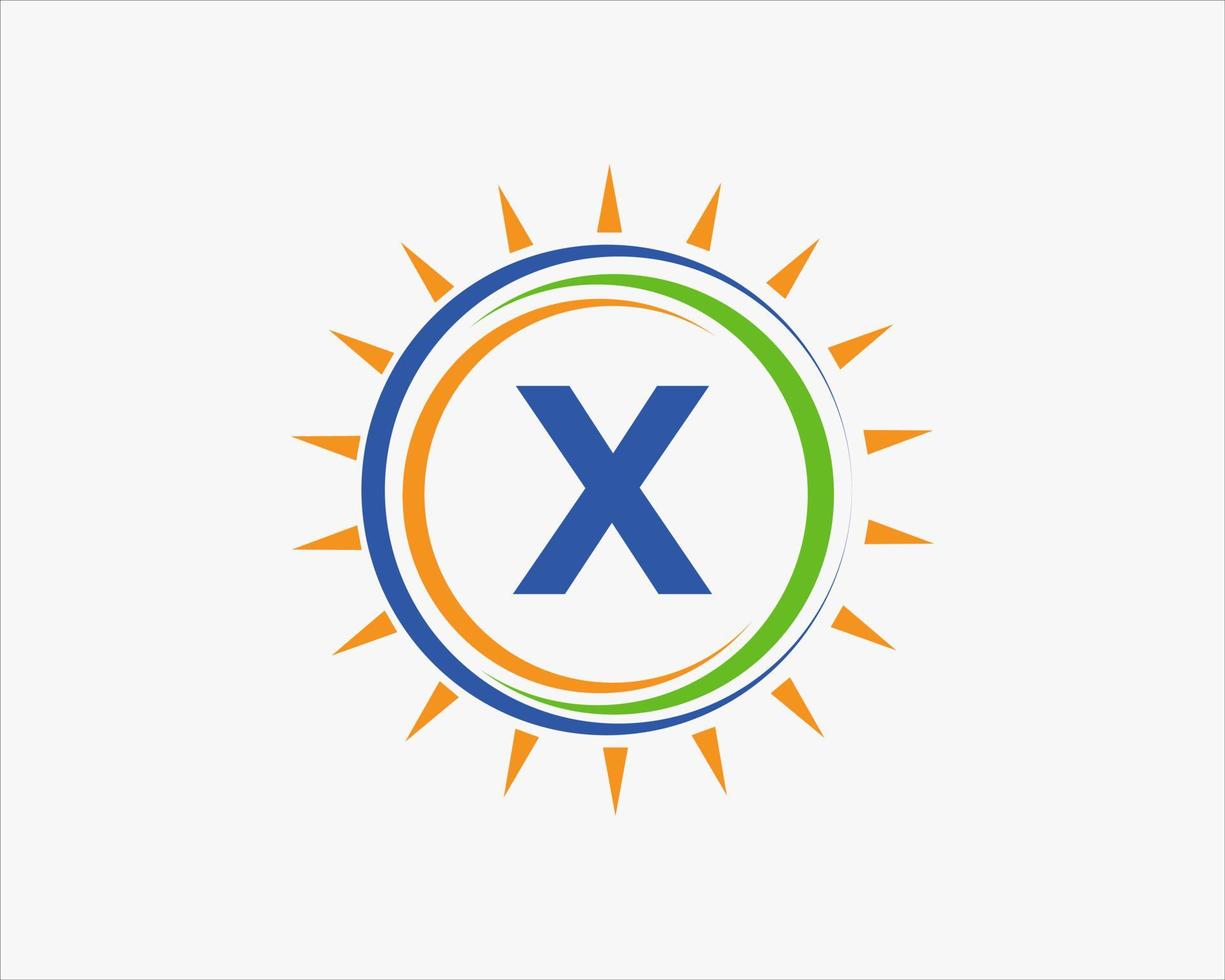 logo lettre x soleil. modèle de logo de l'industrie de l'agriculture électrique de ferme de panneaux solaires vecteur