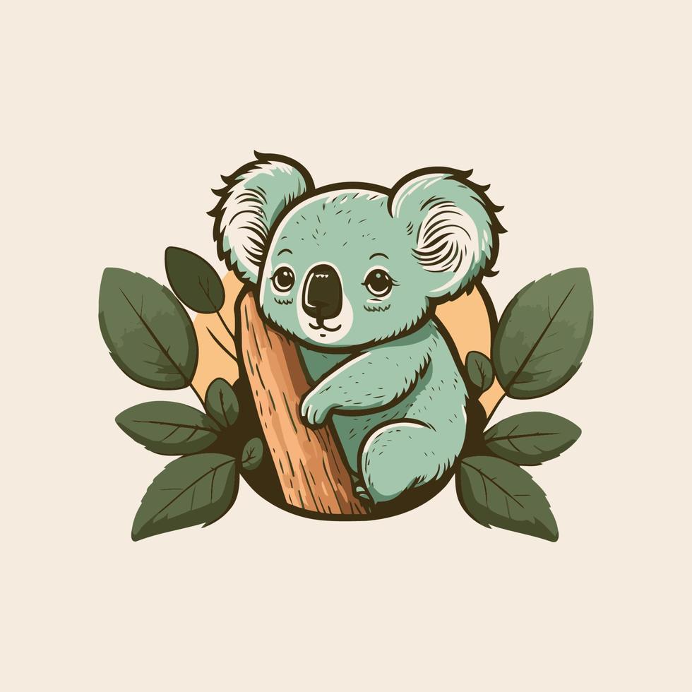 koala logo.cute koala de dessin animé avec des feuilles. illustration vectorielle dans un style plat vecteur