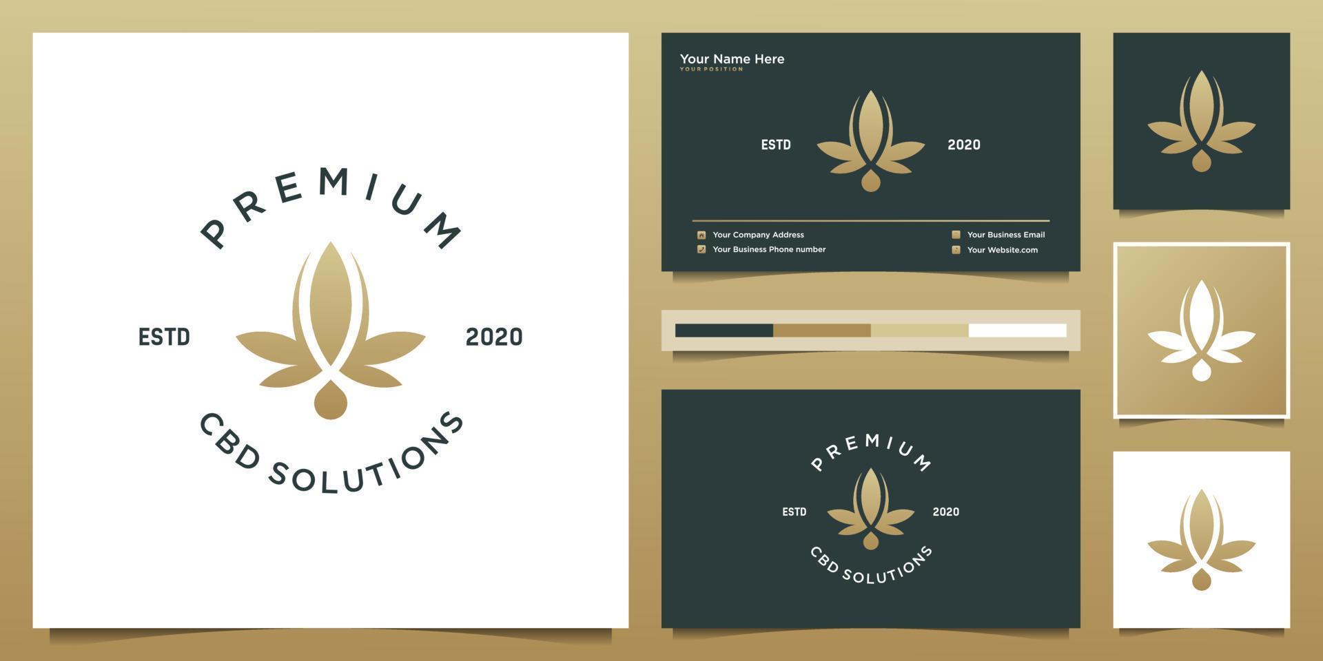 feuille de luxe et goutte avec style d'art en ligne. huile cbd premium, marijuana, création de logo de cannabis et carte de visite. vecteur