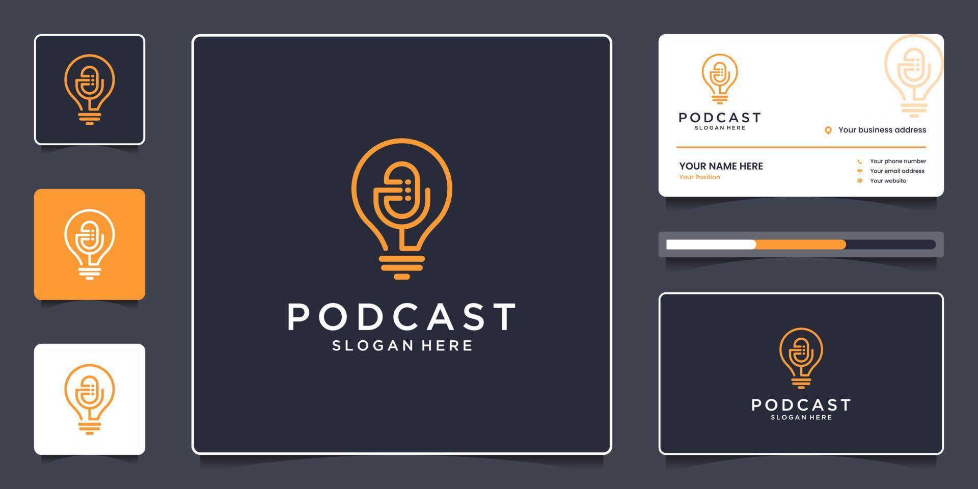 création de logo de podcast minimaliste et carte de visite, combinaison créative de concept de microphone et de lampe vecteur