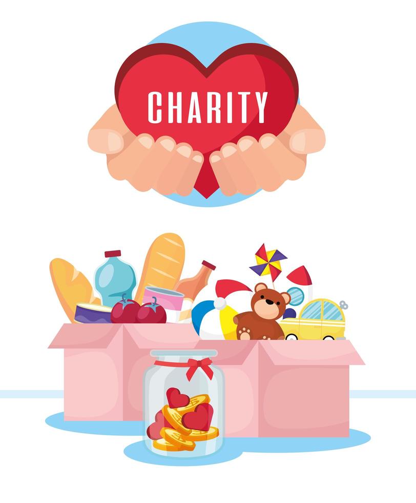 bannière de charité et de don avec de la nourriture et des jouets vecteur