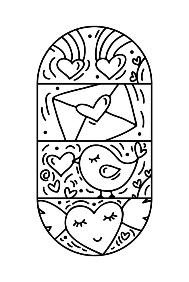 valentine vecteur composition constructeur oiseau, lettre de lunettes et coeurs. logo de vacances d'amour dessiné à la main dans un cadre rond pour carte de voeux, invitation à la conception web