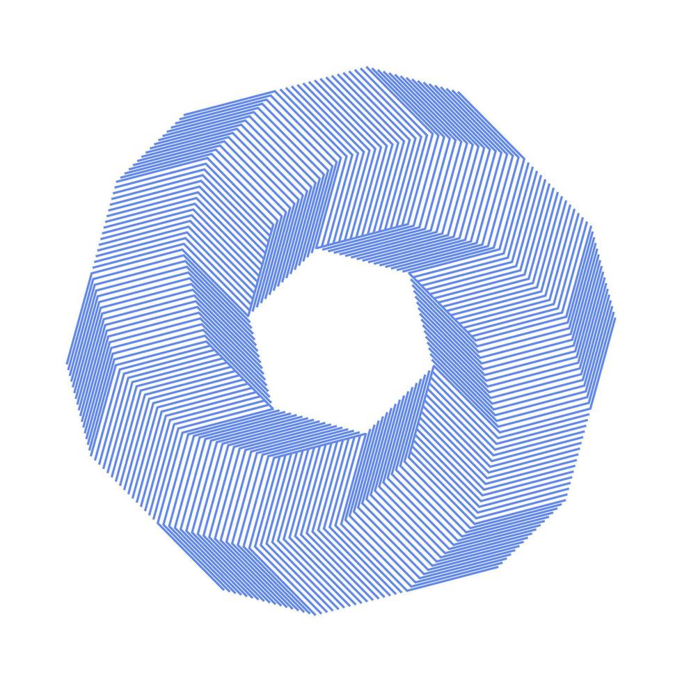 lignes bleues spirale d'hexagones op art isolés sur fond blanc. modèle de vecteur de tourbillon d'illusion d'optique à rayures hexagonales. Création de logo d'art en ligne hexagonale 3d.