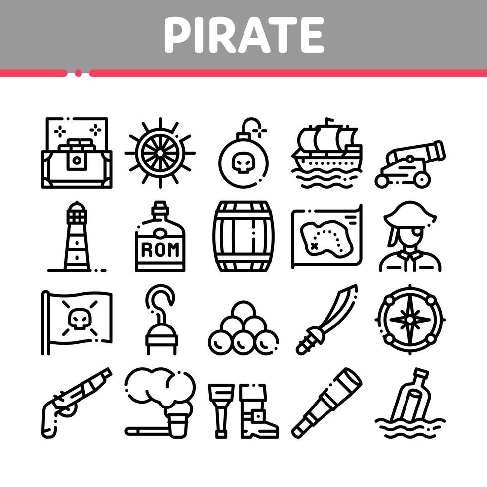 jeu d'icônes de collection d'outils pirate mer bandit vecteur