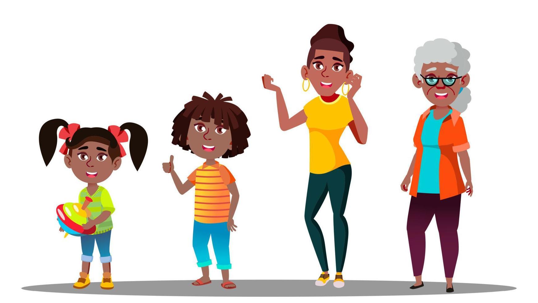 vecteur féminin de génération afro-américaine. grand-mère, mère, fille, petite-fille, bébé, ado. vecteur. illustration isolée