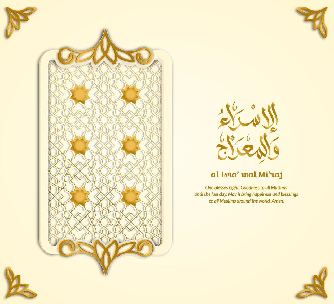 vecteur saluant isra miraj avec décoration d'ornement islamique en or de luxe. illustration vectorielle