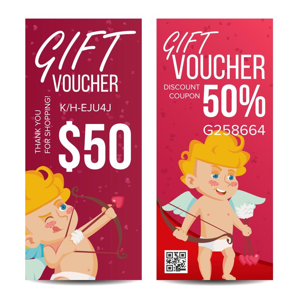 vecteur de bon cadeau saint valentin. coupon vertical. 14 février. valentine cupidon et cadeaux. annonce d'achat. illustration rouge de cadeau d'amour d'affaires