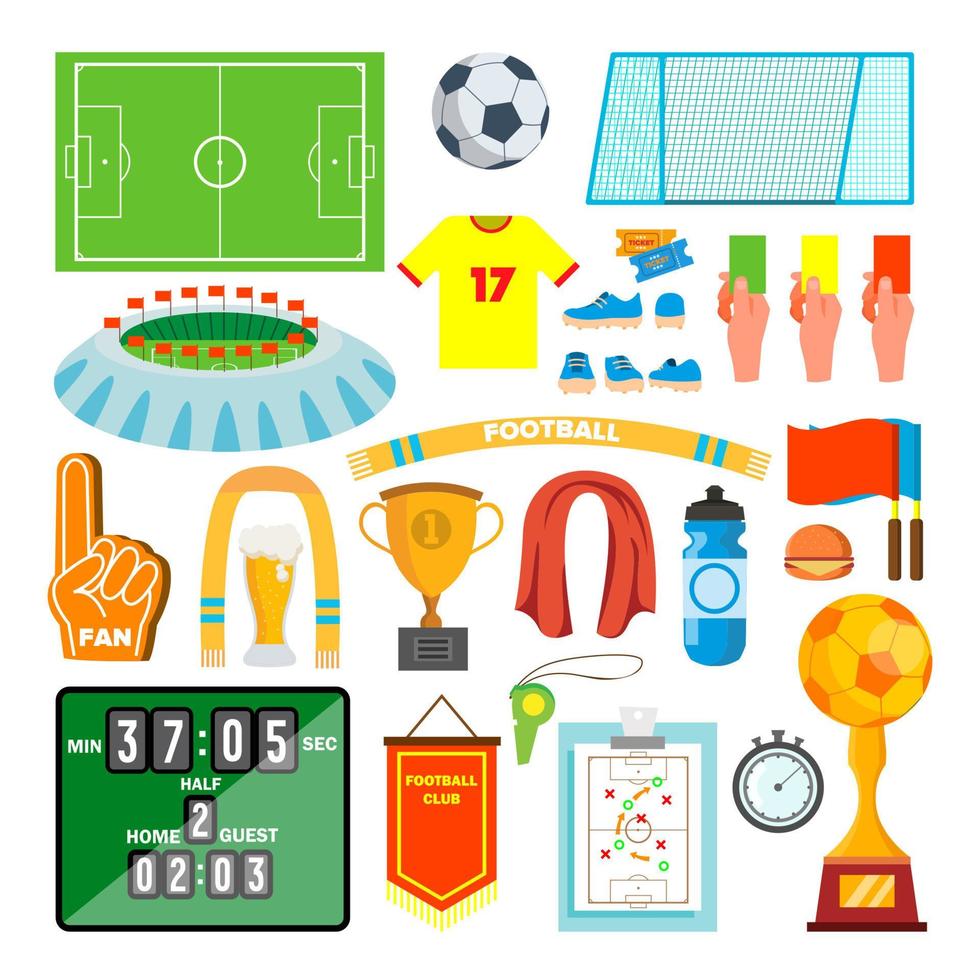 les icônes de football définissent le vecteur. accessoires de football. ballon, uniforme, coupe, bottes, tableau de bord, terrain. illustration de dessin animé plat isolé vecteur