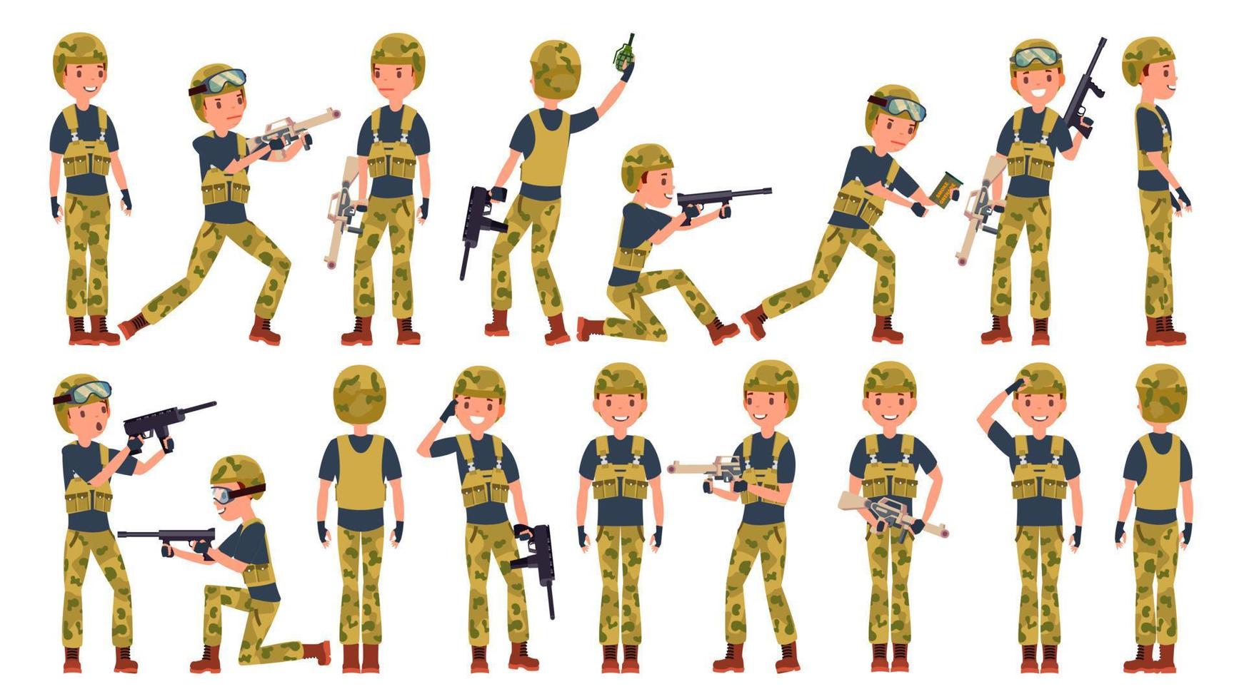 vecteur masculin soldat. poses différentes. militaires en action. uniforme camouflé. armée. illustration de personnage de dessin animé