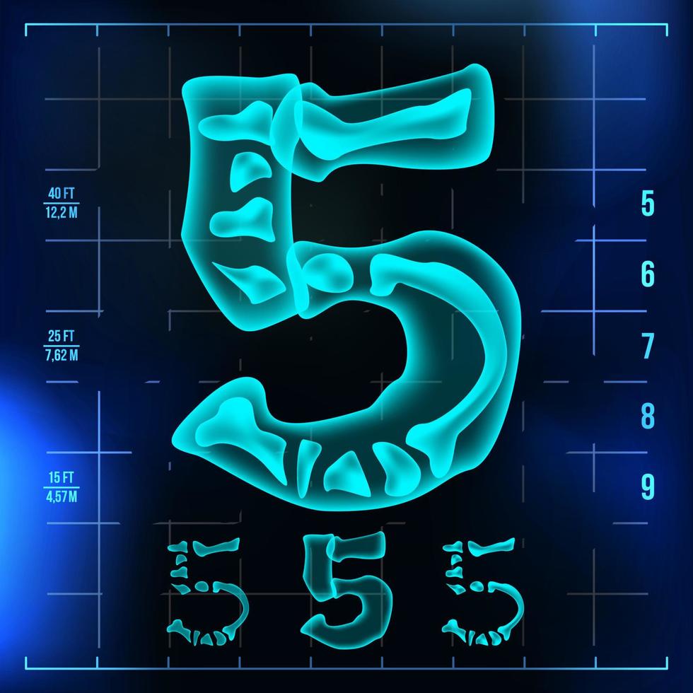 vecteur de 5 nombres. cinq roentgen x-ray font signe lumineux. effet de balayage au néon de radiologie médicale. alphabet. chiffre de lumière bleue 3d avec os. médical, hôpital, pirate, style futuriste. illustration