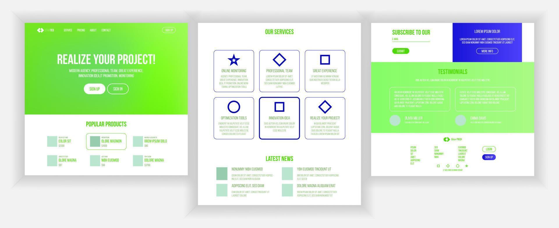 vecteur de page de site Web. site Web d'entreprise. page Web. modèle de conception d'atterrissage. atteindre l'objectif. don. témoignage de produit. témoignage de produit. illustration