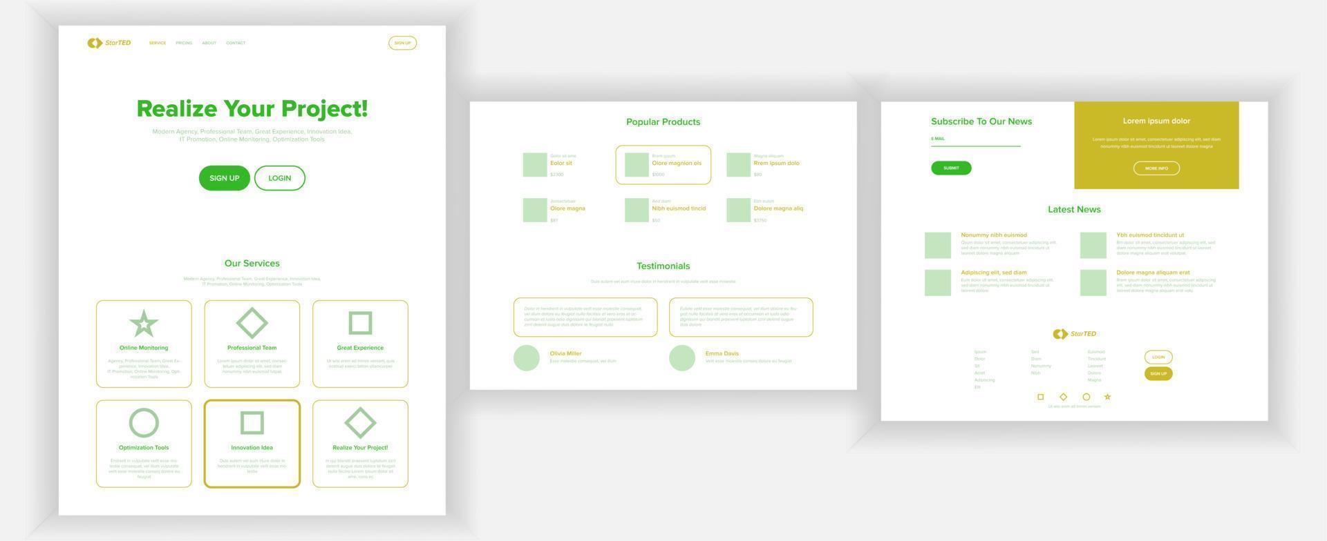 vecteur de modèle de conception de site Web. projet d'entreprise. page Web de destination. direction financière. cherche opportunité. produits populaires. cours conférence. illustration