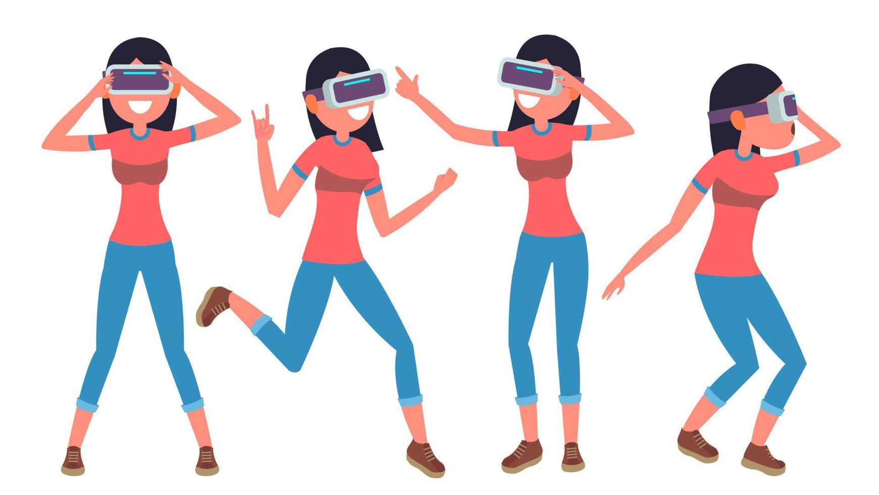 femme en vecteur de lunettes de réalité virtuelle. pose. console moderne. technologie futuriste. illustration plate