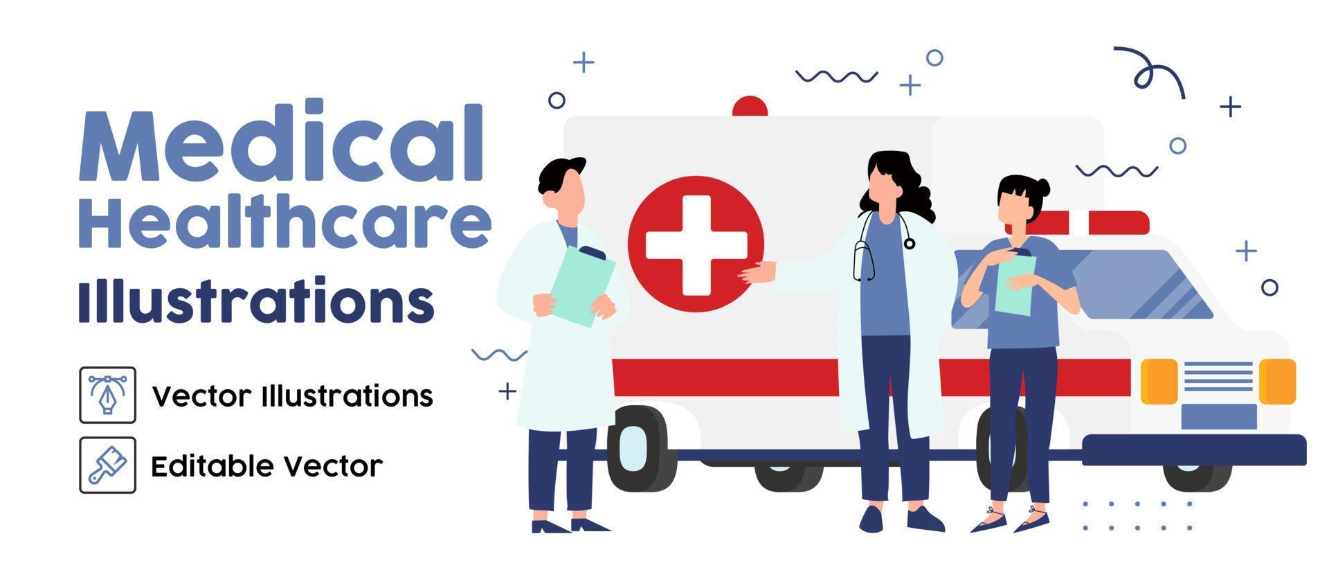 illustration de concept d'ambulanciers paramédicaux de vecteur cool. équipe d'aide médicale d'urgence debout devant le véhicule ambulancier