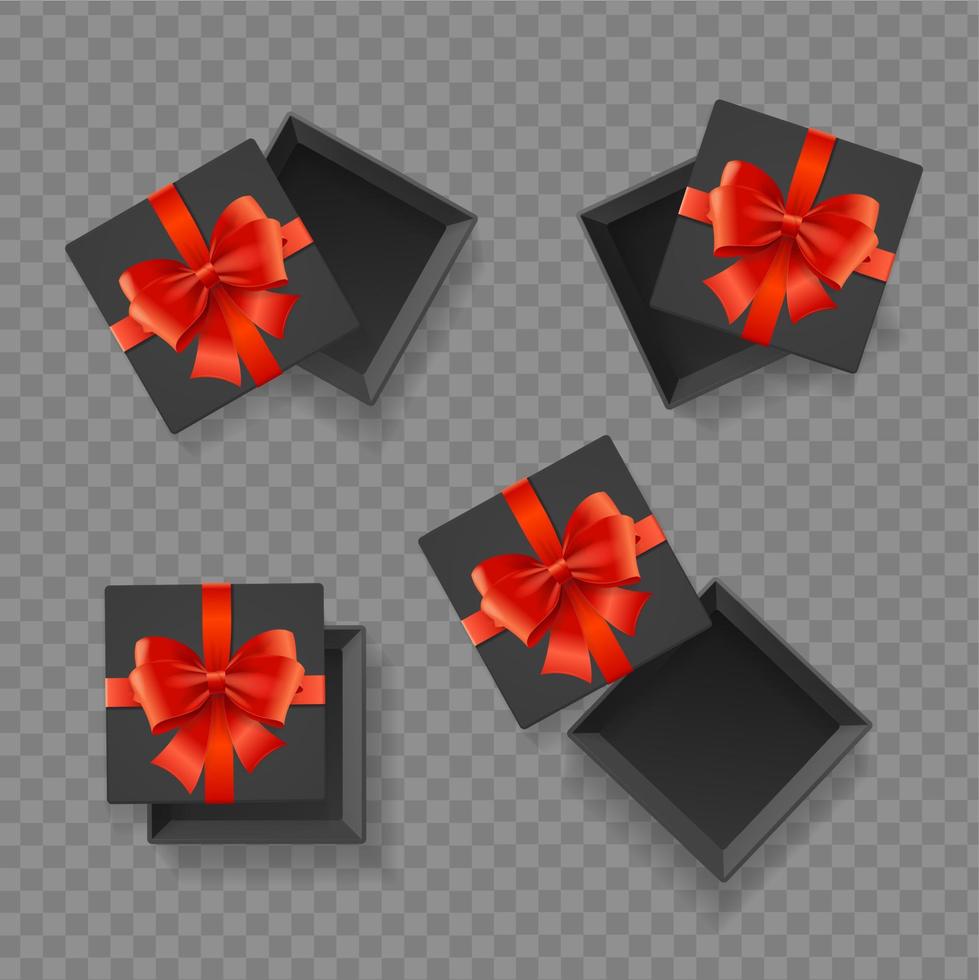 boîte cadeau noire 3d détaillée réaliste avec ensemble d'arc rouge. vecteur