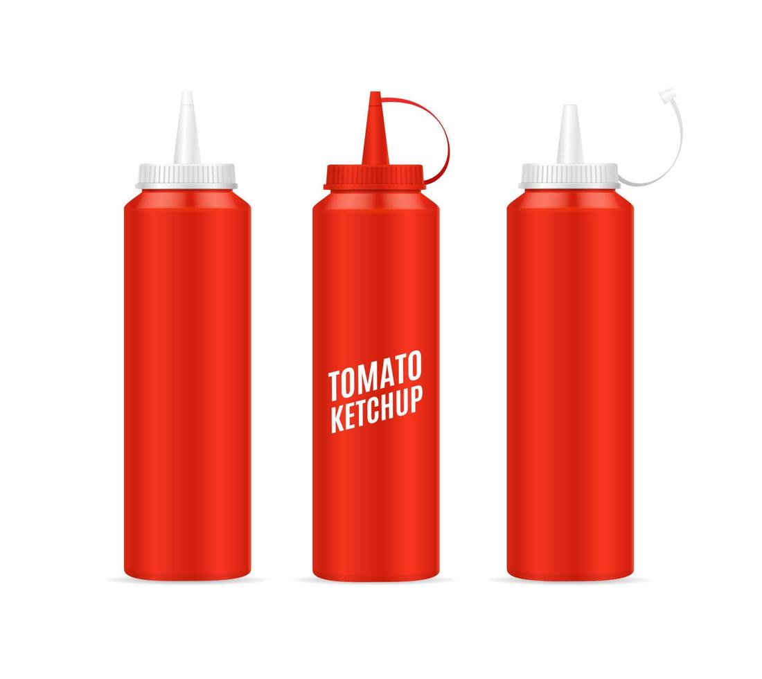 ensemble de bouteilles de ketchup 3d détaillées et réalistes. vecteur