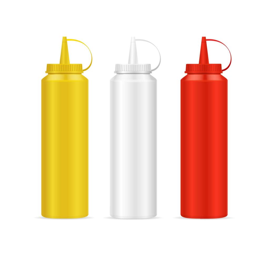 ensemble réaliste de bouteilles de mayonnaise, de moutarde et de ketchup 3d détaillées. vecteur