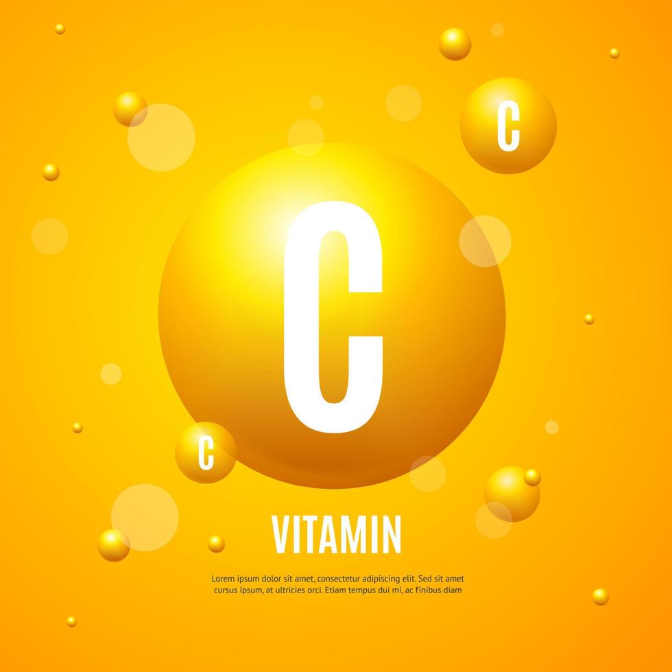 carte d'affiche publicitaire de concept de bannière de vitamine c jaune de sphère 3d détaillée réaliste. vecteur