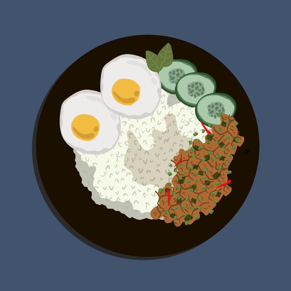 dessin animé d'illustration de nourriture, pad kra pao moo sab avec kai dao sur fond de bois, cuisine thaïlandaise célèbre, le porc haché sauté, l'ail, le basilic et le piment garnis d'oeuf au plat. c'est chaud et épicé. vecteur